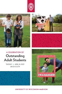 Four photos of students: Five adults and three kids outside. Text says: A celebration of Outstanding Adult Students